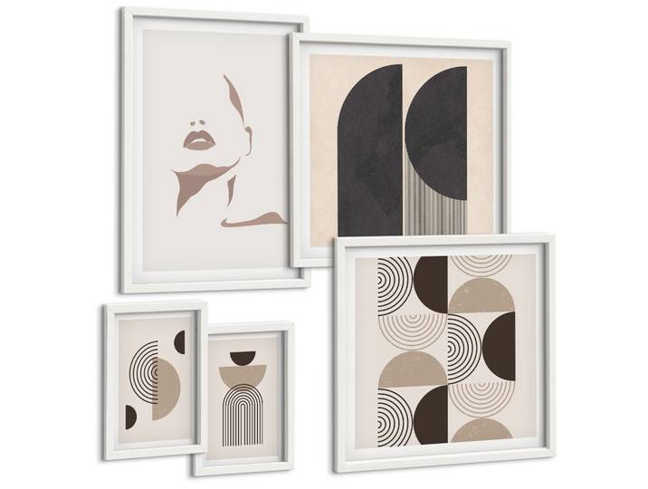 BILDER SET 5er Set - 50x50 cm & 20x30 cm & 40x60 cm Weißer Rahmen - Abstrakte Gesichtsformen