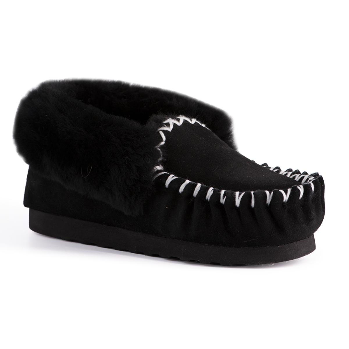 Aus Wooli "Waterloo" Australia Hand Stitched Womens Sheepskin Moccasin, Zwart