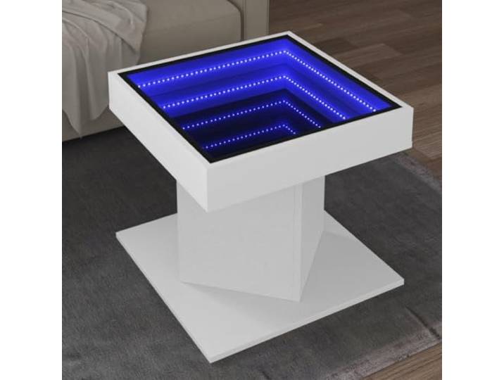 HEFZGDB LED Couchtisch Weiß 50x50x45 cm Holzwerkstoff mit RGB Infinity Spiegel Beleuchtung und robuster Tischplatte für Wohnzimmer Beistelltisch Ablagetisch Kaffeetisch USB Anschluss