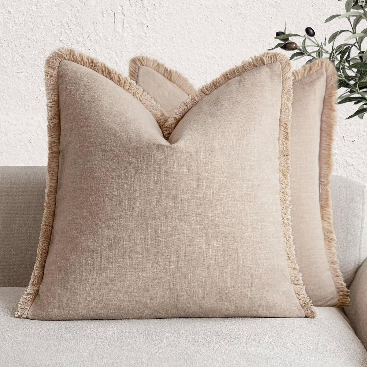 Decoratieve Kussenslopen Boerderij Stijl van Natuurlijk Linnen met Franjes, Lichtbruin Beige, 66 x 66 cm