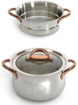 BergHOFF Ouro Gold 3pc 18/10 Stainless Steel Steamer Set, Glass Lid, Rose Gold Handles