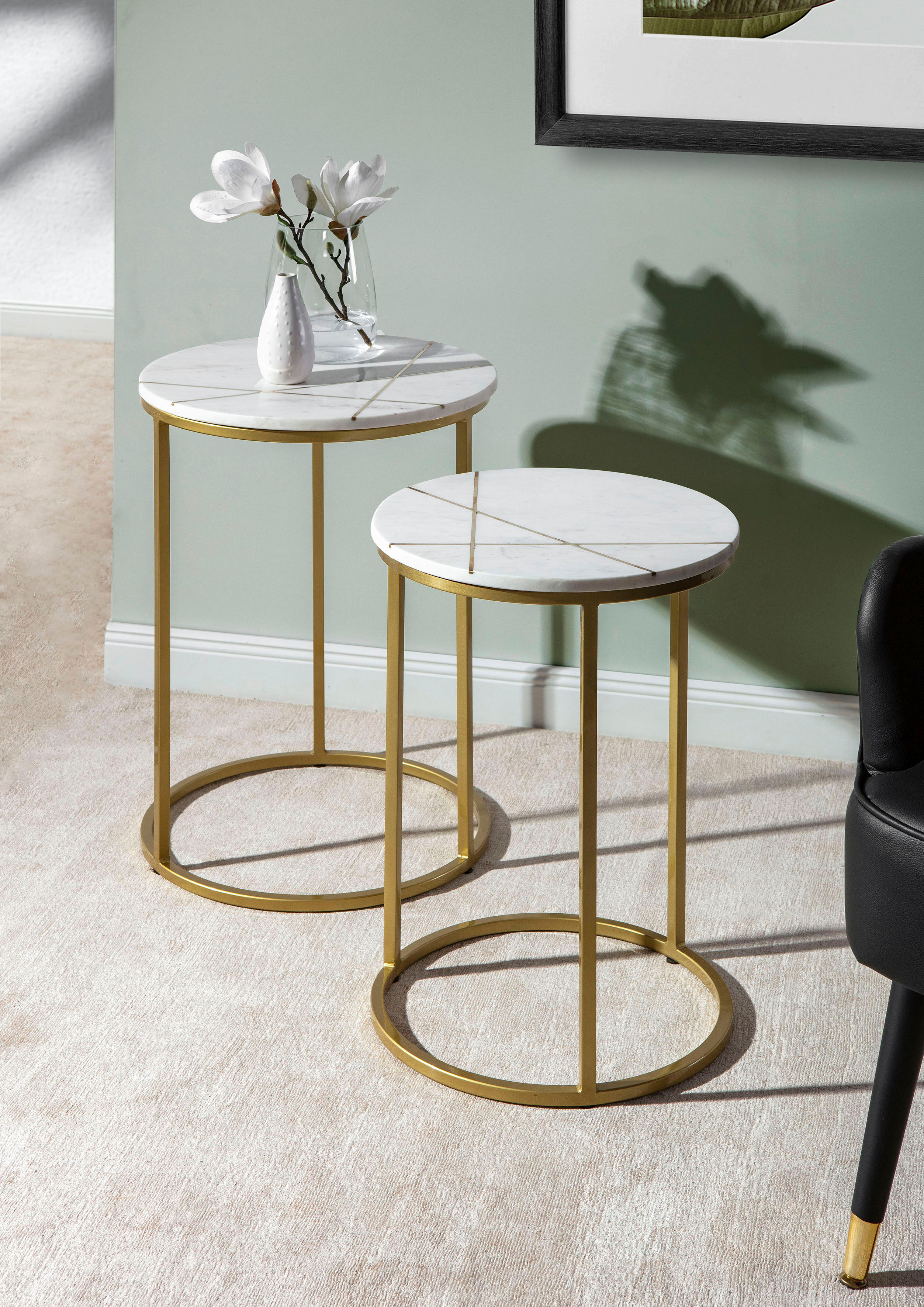 Beistelltisch HOME AFFAIRE "Menton", gold (weiß, gold), Tische, Beistelltisch, mit Metallintarsien in der Marmorplatte (2er-Set)