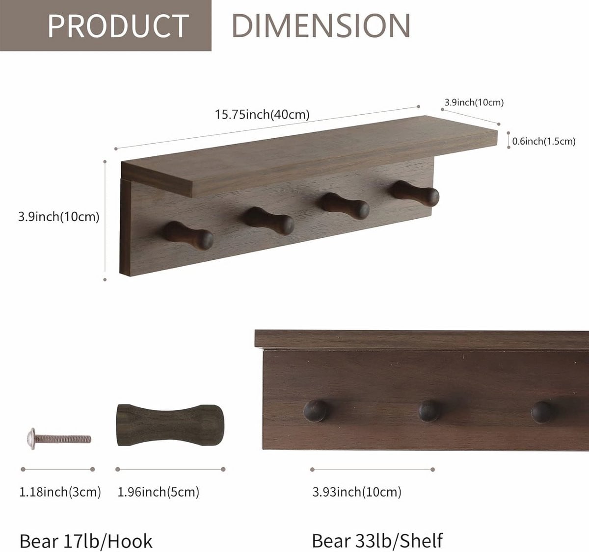 Houten Zwevende Plank met Haken - Wandorganizer voor de Hal, Keuken of Badkamer