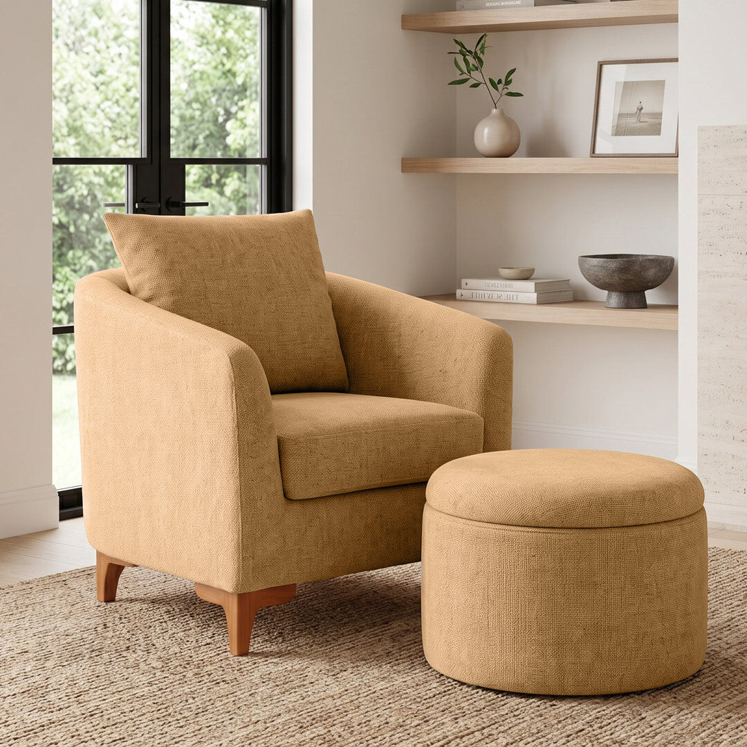 ClassicLiving Upholstered Barrel Chair With Footstool Mustard Chenille 81cm H X 76cm W X 75cm D