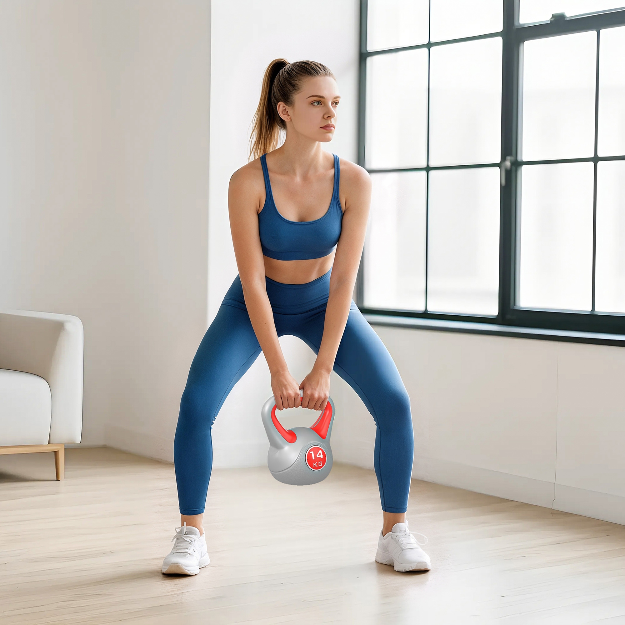 Sportnow Kettlebell 14kg PU e Sabbia, Perfetto per Esercizi di Forza, Base Piatta, Impugnatura Sicura, 26x18x32 cm - Rosso Aosom