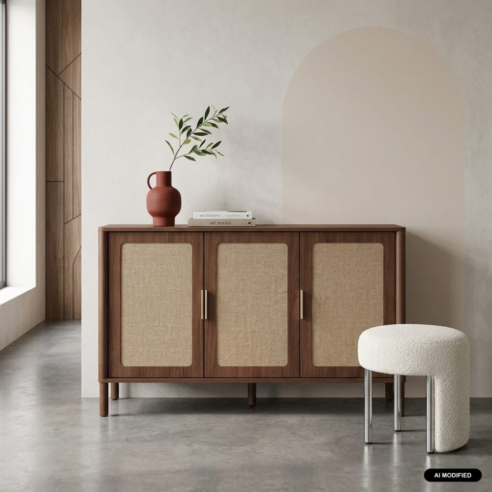 sweeek Buffet vintage décor bois et cannage 3 portes 120cm noyer Marron 120x78x39cm