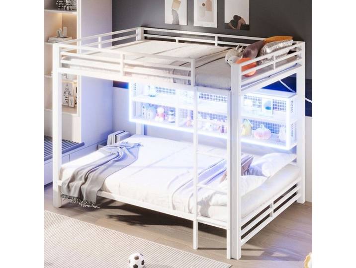 Lit superposé double 140x200 blanc avec rangement éclairage LED structure bois pour enfant adulte