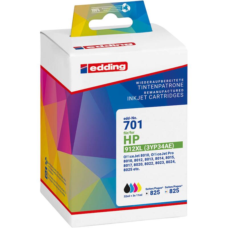 edding Druckerpatrone EDD-701 schwarz, cyan, magenta, gelb kompatibel zu HP 912XL (3YP34AE) 18-701