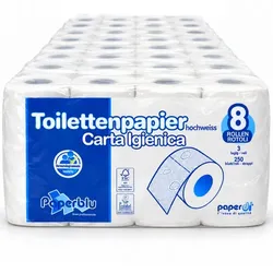 Toilettenpapier paperdi 3-lagig hochweiß aus Zellstoff 64 Rollen/Paket x 250 Blatt, Klopapier dreilagig, geprägt