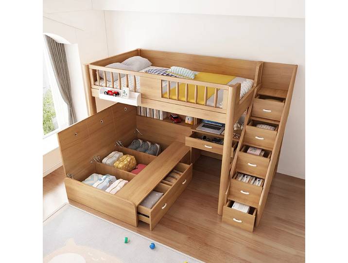 Dislo peu encombrant Des lits supérieurs et inférieurs décalés, tables supérieures et inférieures, lits hauts et inférieurs pour enfants, type petit appartement