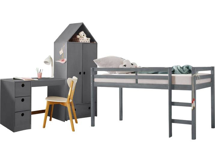 Jugendzimmer-Set OTTO HOME Alpi , grau, Schlafzimmermöbel-Sets, Hochbett, Schreibtisch und Kleiderschrank in Hausoptik, platzsparend