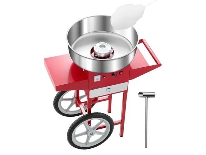 VEVOR elektrische Zuckerwattemaschine kommerzielle Zuckerwattegeräte mit Wagen (1000 W) mit 52 cm Edelstahlschüssel & Zuckerschaufel & Schublade, perfekt für Kindergeburtstage Familienfeiern Rot