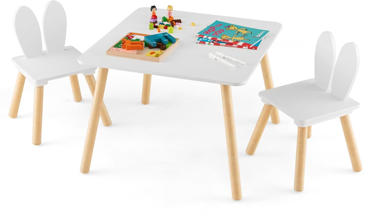 Costway Kindermeubel Set met Tafel en 2 Stoelen, 3-delig, Wit