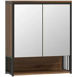 MODFU Spiegelschrank Bad Hängeschrank Braun 65x56x20 cm mit Softclose Türen, Spiegel 25x41 cm, offene+geschlossene Fächer, Wandmontage