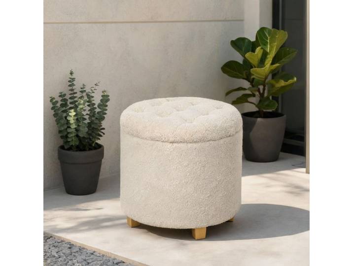 Pouf de rangement rond blanc crème Ø45x41 cm polyester effet cachemire capitonné pieds pin massif