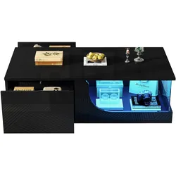 Schwarzer Couchtisch 100x50x30 cm Hochglanz, LED-Beleuchtung, 2 Schubladen, gehärtetes Glas, multifunktional, stabil, modernes Wohnzimmer Möbel