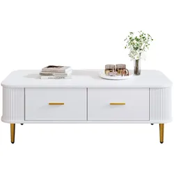 Couchtisch 105x51x38 mit Schubladen, gewellten Seiten, elegantes Design in Weiß, goldene Details, Stauraum, MDF