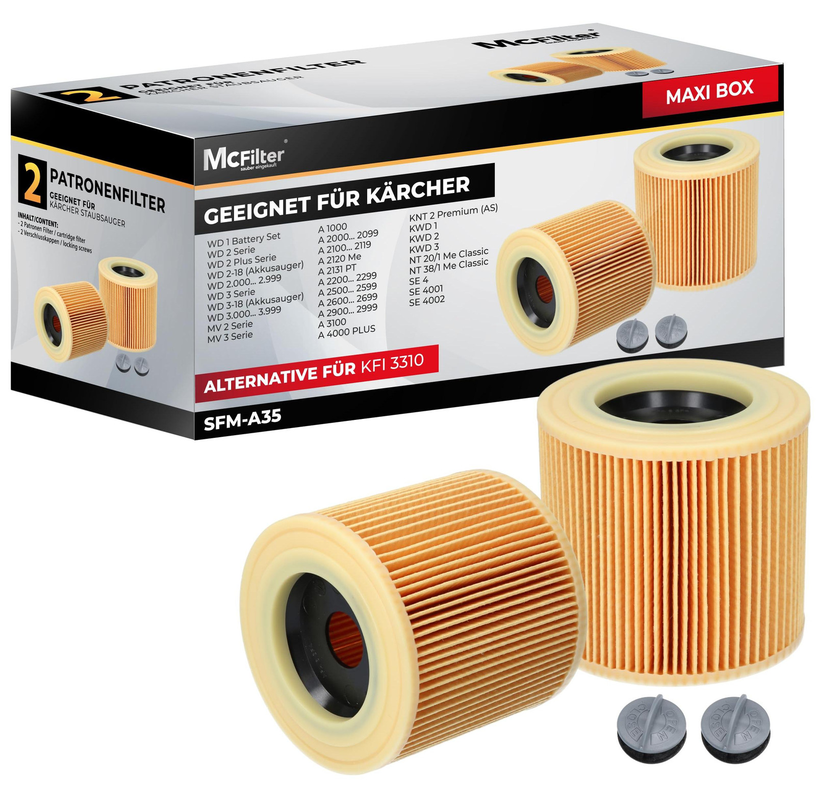 McFilter set van 2 filters voor Kärcher stofzuigers WD1, WD2, WD3, 3.200, 3.500, P Premium en SE 4001, SE 4002, vervangt KFI 3310 en 6.414-552.0