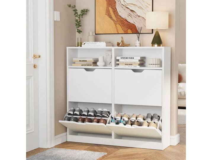 Meuble Chaussures-VOWNER -Meuble de Rangement à Chaussures Armoire Commode à Chaussures 105 x 100 x 24 cm Blanc