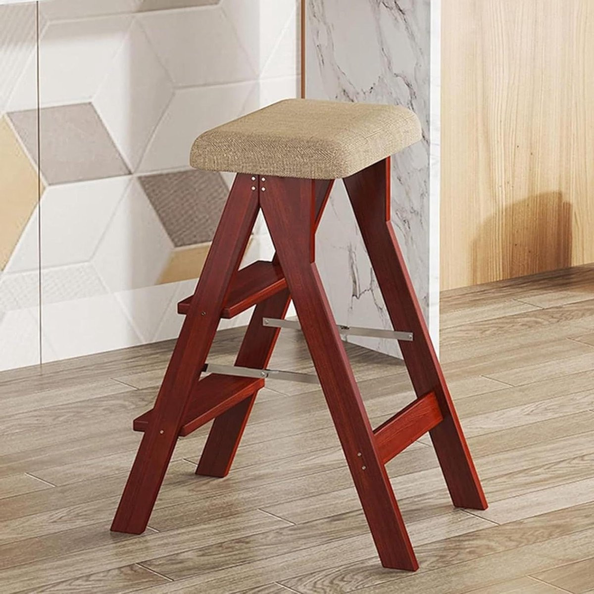 Multifunctionele houten ladderstoel met 3 treden - Wijnrood