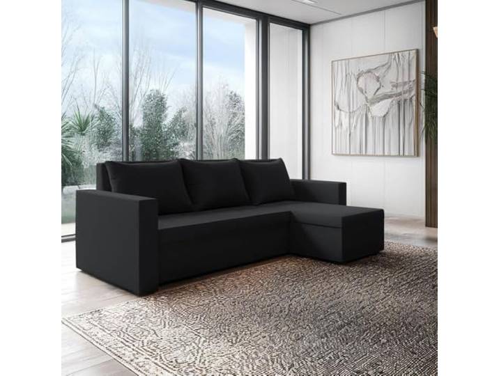 FORNIRO 24 Loft Ecksofa 225x130x75cm Schwarz Wohnzimmer Couch Schlafsofa Mit Schlaffunktion & Bettkasten - L-Form - Kissen - Stoff Premium ausziehbar Gäste bequem Stauraum Design hochwertig robust