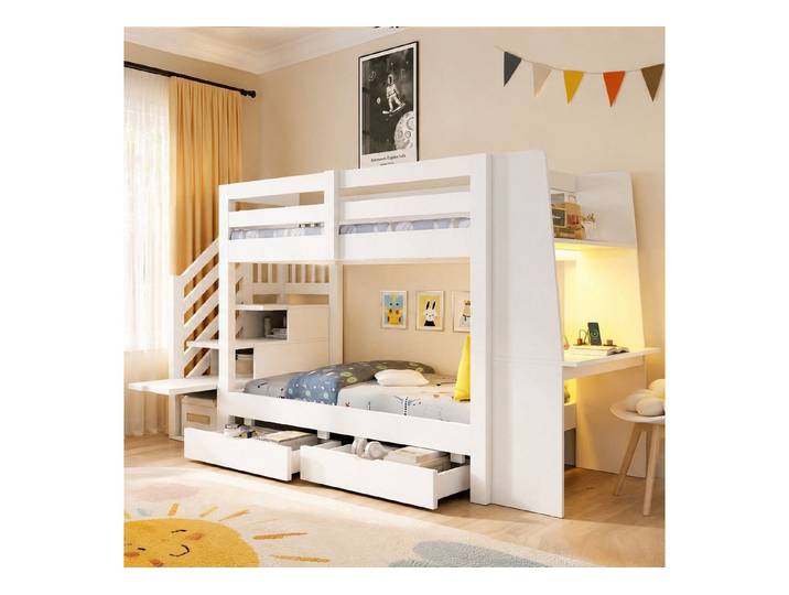 i@home Etagenbett Kinderhochbett mit Schreibtisch, Hochbett Stauraumtreppe (2-St., mit LED, Steckdose, Lernecke & Regal), Jugendbetten 2 Schubladen für Kinderzimmer 90x200 cm