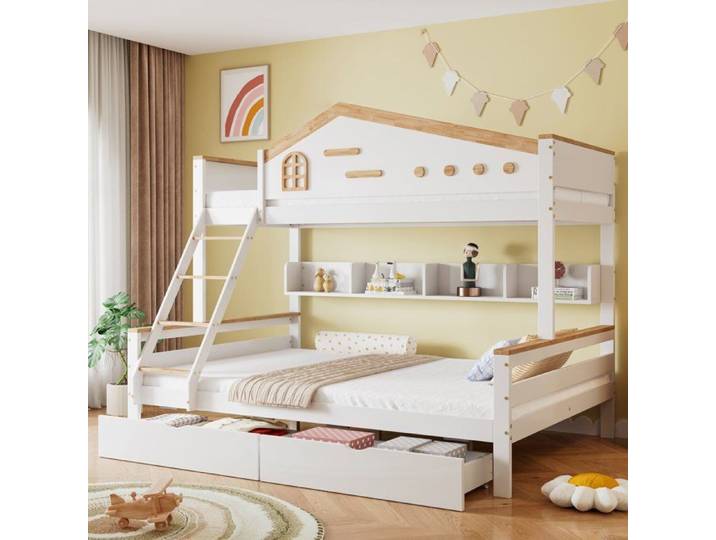 Lit superposé enfants avec rangement lit double escalier et barrière de sécurité idéal pour enfants et adolescents - Blanc