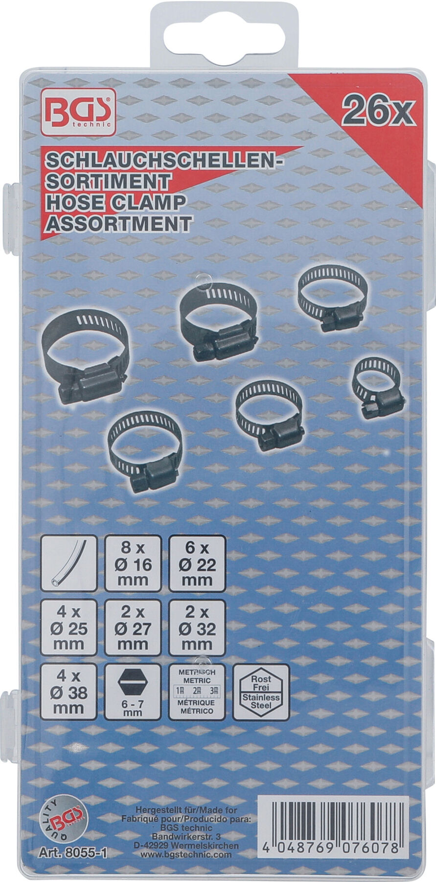 BGS Schlauchklemmen-Sortiment 8055-1, rostfrei, Ø 16 - 38 mm, 26-tlg. ; BGS technic)