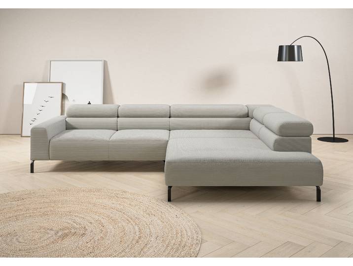 Ecksofa, Hellgrau, 312x219 cm, Cord, L-Form & Kopfteilverstellung, Modern