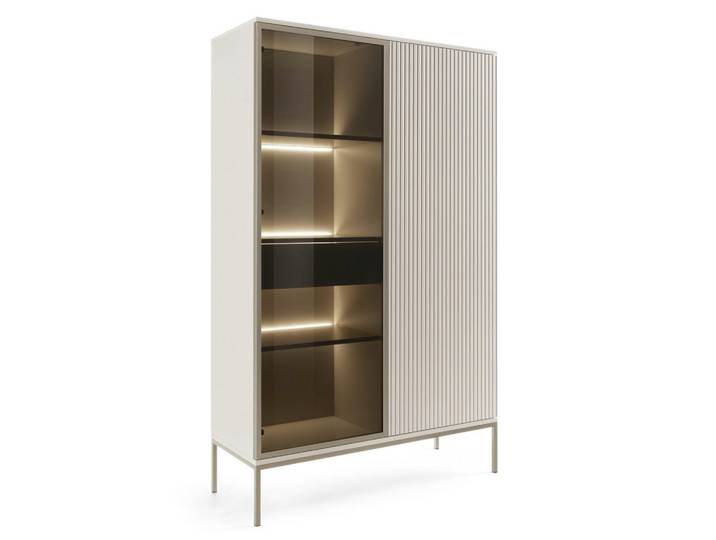 Komodee Vitrine Laval Wtsz104 – Kaschmir, mit LED-Beleuchtung, Metall, 6 Fächer, 104x166x39 cm, Esszimmer, Vitrinen, Vitrinenschränke