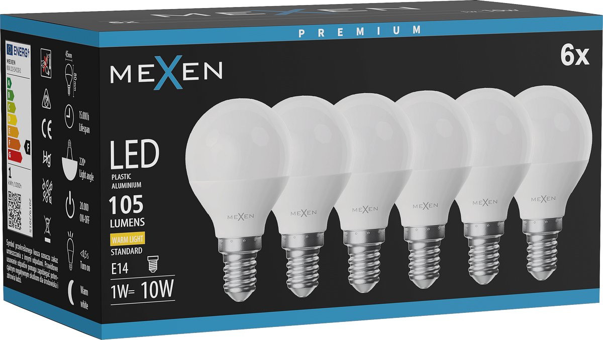 Mexen Nova 6x LED-lamp E14 G45 1W Warm Wit 3000K 105 lm L101-E14-0130-01x06