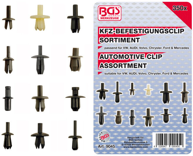BGS Assortiment de clips de fixation automobiles pour VW, Audi, Volvo, Chrysler, Ford & Mercedes-Benz 350 pièces ; BGS technic (9045)