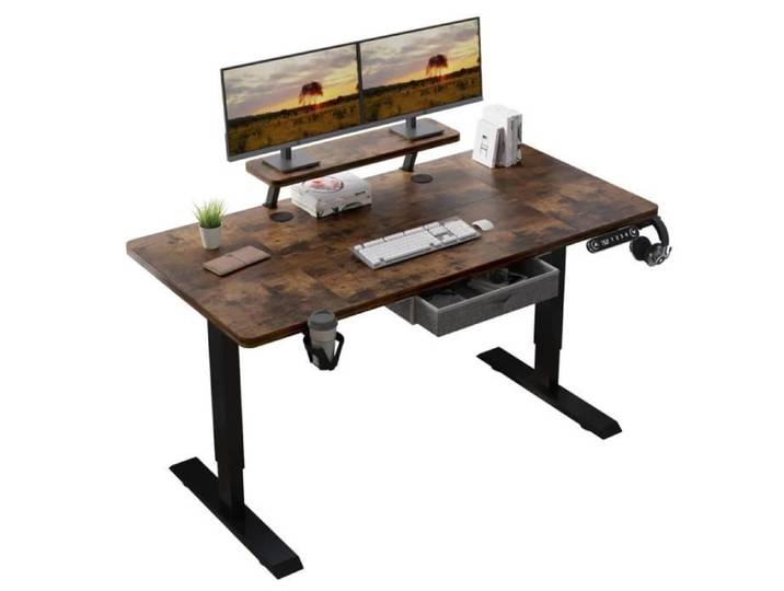 Bureau Assis Debout Electrique - RADLOVE - 140cm - Marron - Réglable en Hauteur - Rangement&Etagere