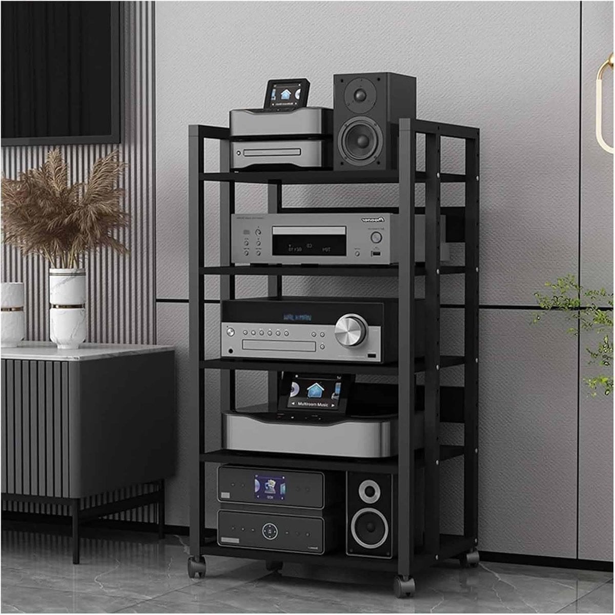 Stereo Opbergrek Zwart - Mediameubel AV Kast met Verstelbare Planken voor Audioapparatuur
