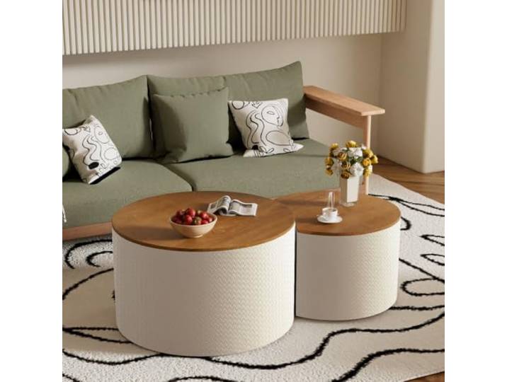 WUPDPQS Runde Satztische 2er-Set 26 Zoll mit Stauraum, G Für Wohnzimmer, Lederfurnier, Klappdeckel, Moderne Stapelbar Runde Couchtische, Für kleine Räume