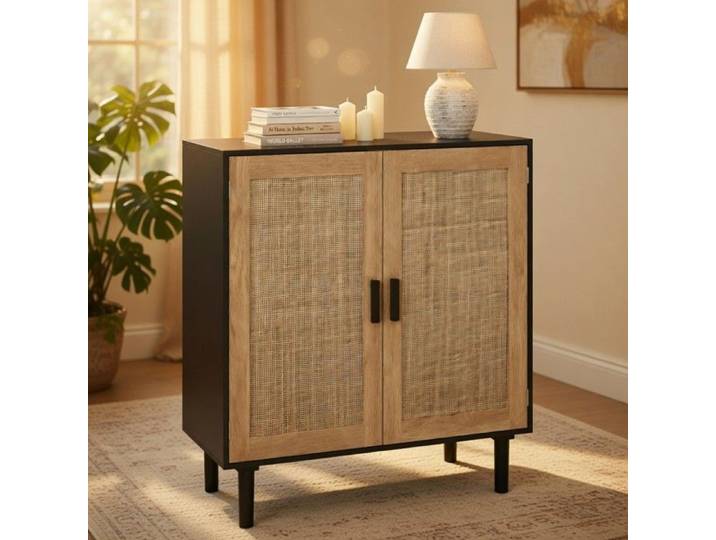 CollaHausse Armoire Rangement Rotin 2 Portes 80cm Salon Salle Manger Entrée Noir