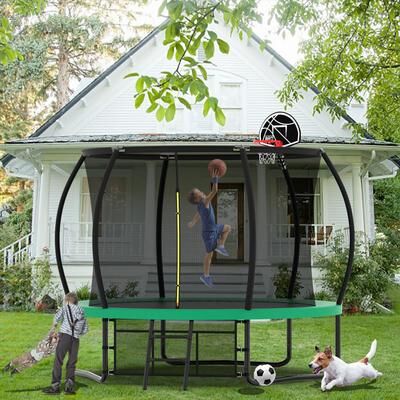 Staykiwi 10 ft. Round Outdoor Trampoline with Basketball Hoop, Enclosure Net and Ladder