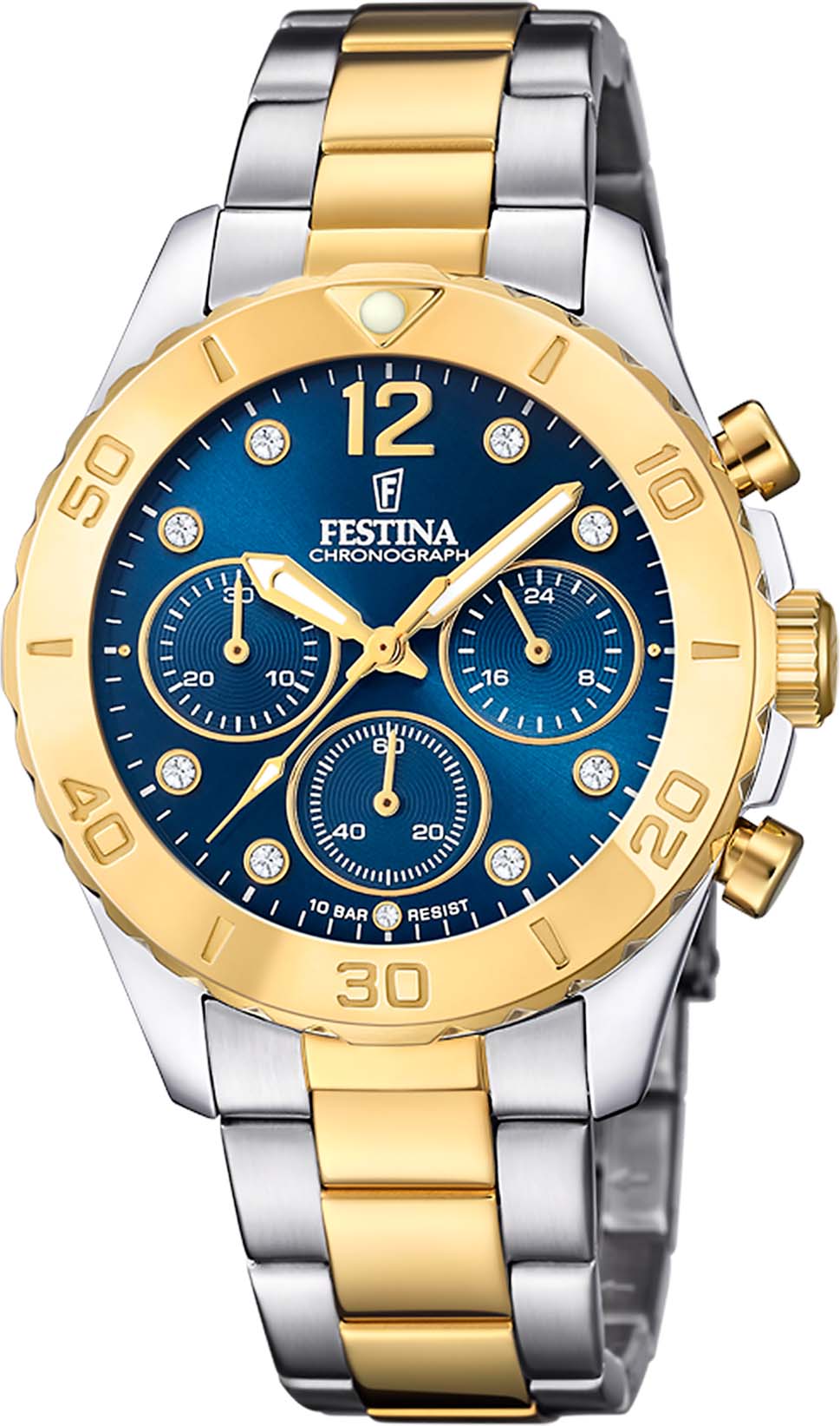Chronograph FESTINA "Boyfriend Collection", silber (silberfarben, goldfarben, blau), Armbanduhren, Damen, silberfarben-goldfarben, Chronograph, Armbanduhr, Quarzuhr, Damenuhr, Stoppfunktion, Edelstahlarmband