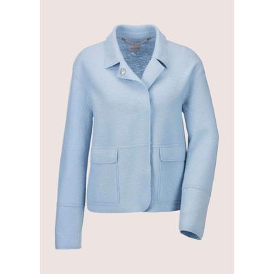 Kurzblazer MADELEINE "Kurzblazer Wollblazer mit Klappkragen und Pattentaschen", Damen, Gr. 46, blau (bleu), Obermaterial: 100% Schurwolle WV., Modern, normal, Blazer Kurzblazer, Wollblazer in Leichtverarbeitung, gekochte Wolle