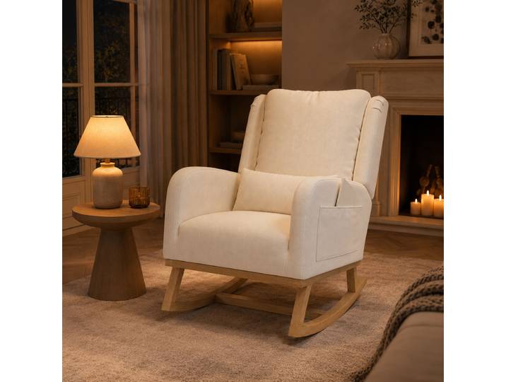 Fauteuil À Bascule Avec Dossier Haut Et Coussin Lombaire\, Rocking Chair Avec Poches Latérales\, Fauteuil D’allaitement\, Lin Beige