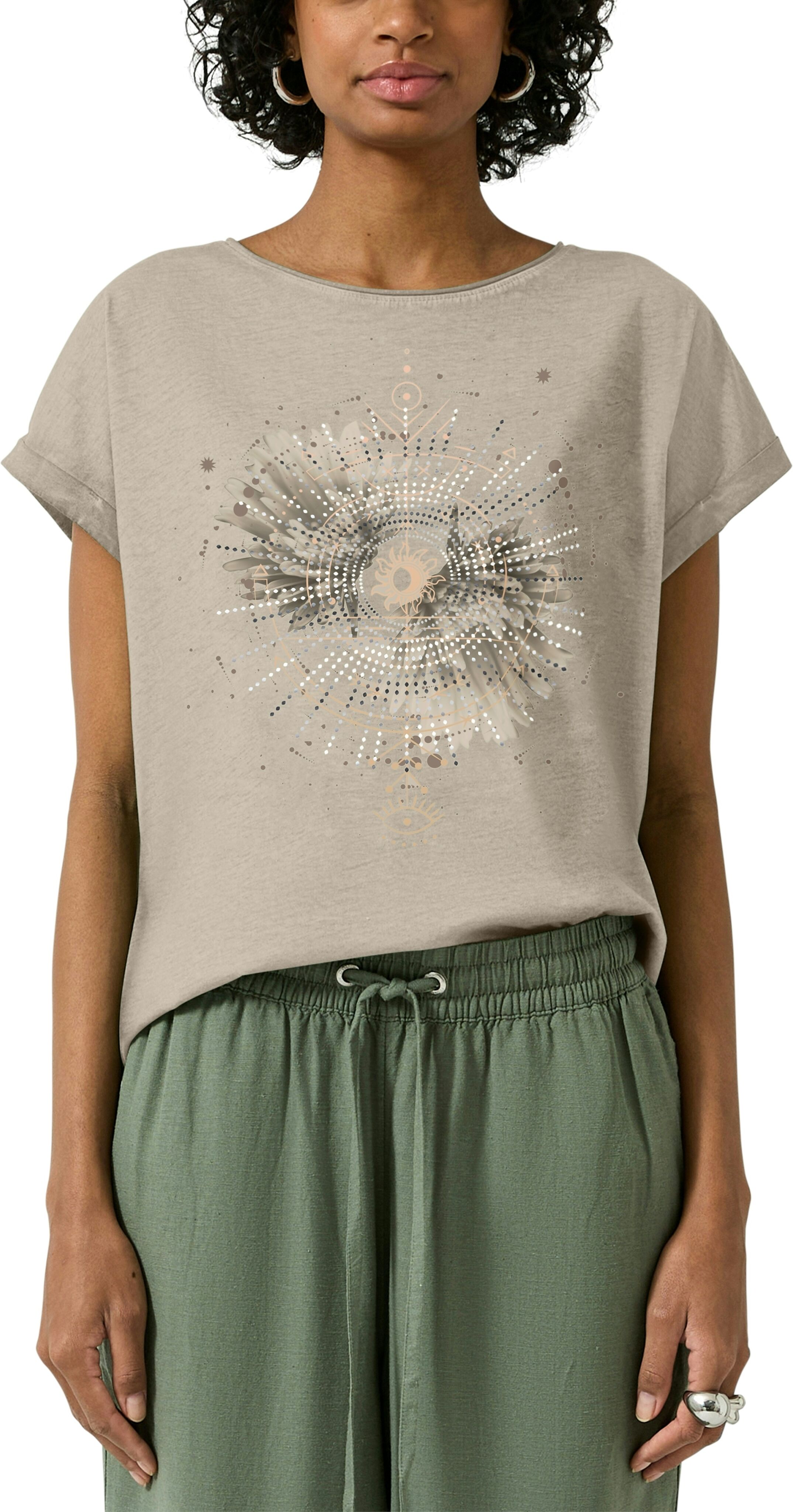 Rundhalsshirt QS, Damen, Gr. S (36), beige, Jersey, Obermaterial: 100% Baumwolle, bedruckt, normal hüftbedeckend, Rundhals, Shirts Rundhalsshirt, mit grossem Print beige S (36)
