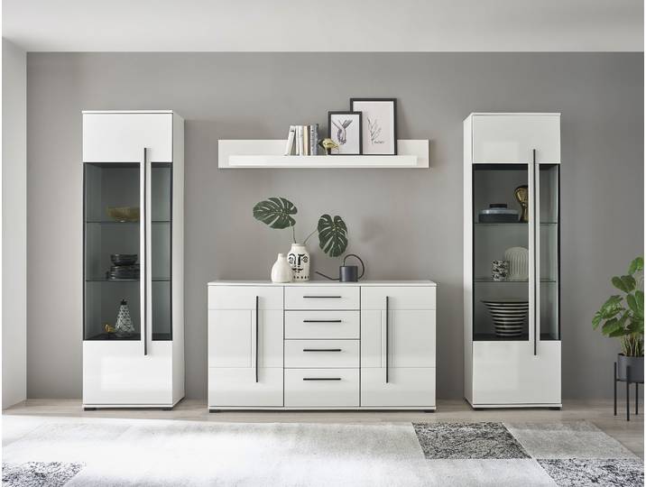 Wohnwand HOME AFFAIRE Cantara, Anbauwand, Wohnzimmer-Set, in Eiche Evoke, Weiss oder Kaschmir , weiss (weiß), B:290cm H:270cm T:42cm, Holzwerkstoff, Kastenmöbel-Sets, Wohnwand, enthält zwei Vitrinen, ein Sideboard und ein Wandboard