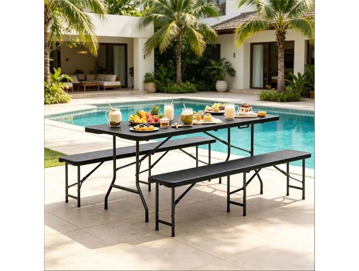 Salon de jardin pliable - SOGEU - Ensemble pliable - Noir - 1 table + 2 bancs - Structure métal antidérapant