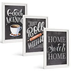 BILDER SET 3er Set - 40x60 cm Weißer Rahmen - Motive und Inschriften für die Küche