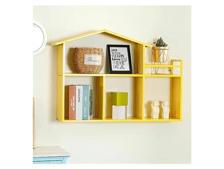 Dekor Kleine schwebende Regale in Hausform mit Metallrahmen(Yellow)