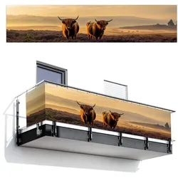 BALKON-SICHTSCHUTZ Schottische Hochlandbewohner - Heide - Landschaft - Tiere Deko XXL 500x110 cm