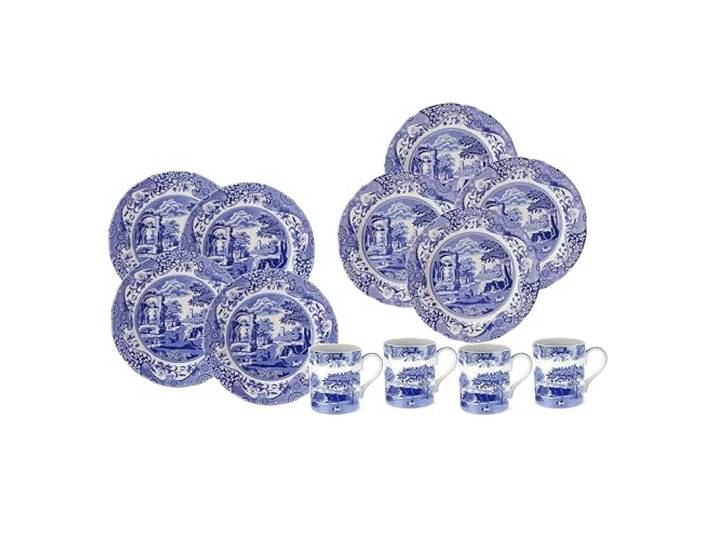 Spode Blaues italienisches Geschirr-Set, 12-teilig, Steingut-Teller und Tassen mit italienischen Landschaftsszenen, mikrowellengeeignetes Geschirr-Set für 4 Personen, spülmaschinen- und ofenfest