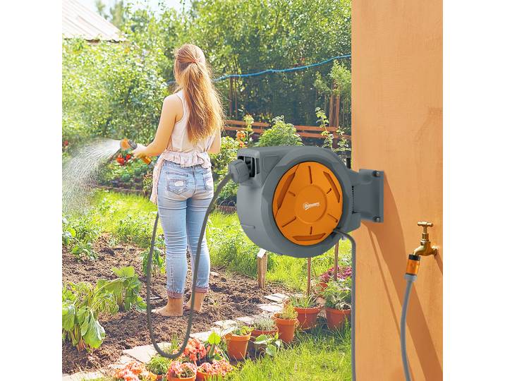 Outsunny Enrouleur Tuyau 30+2m Pivotant Support Mural Gris