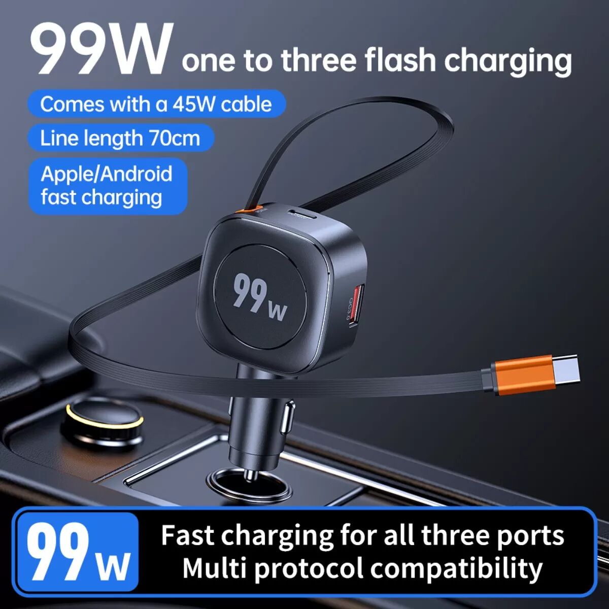 INF Chargeur de voiture rétractable A+C 36W + PD45W avec courant intelligent, câble rétractable, compatible tablettes et