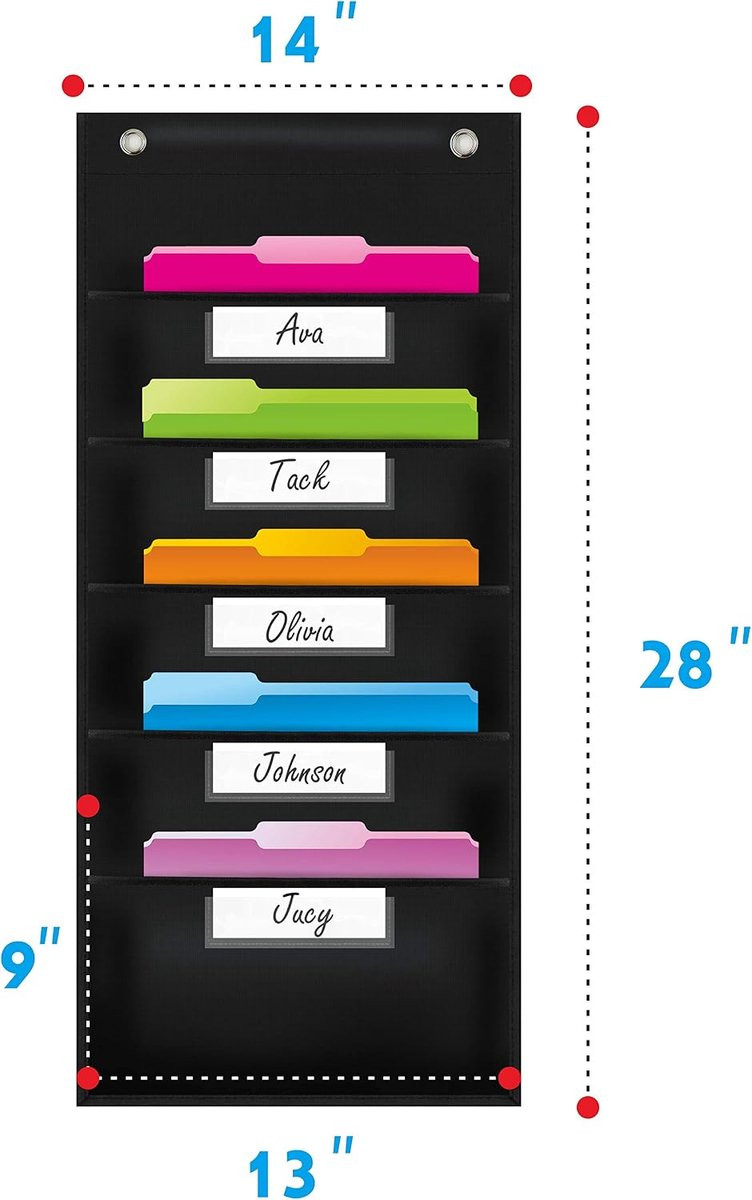 Organisatie Pocket Chart Muur File Organizer met 5 File Pockets, 5 Dry-Erase Naamkaarten en 2 Over Deurhaken, 35,5 x 71 cm